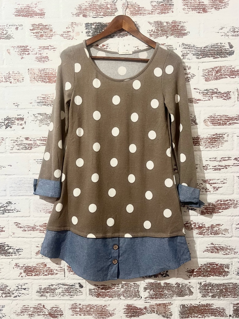 12PM By Mon Ami Polka Dot Tunic Top Small Brown Denim Trim Layered Look USA